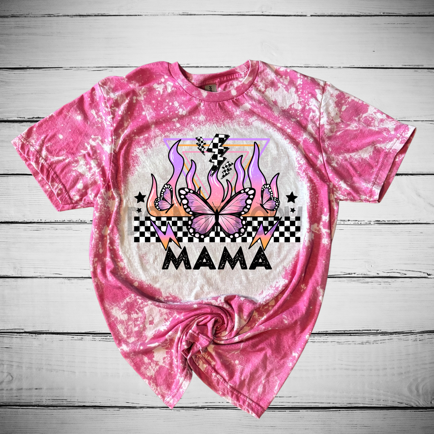 Mama Butterfly Checkered Bleached Distressed Tee Shirt