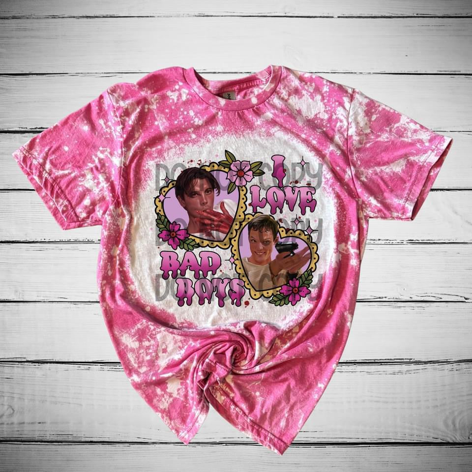 I love bad boys Pink Bleached Distressed Tee Shirt